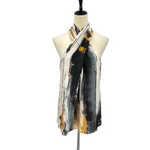 Worth New York Black Yellow Watercolor Art to Wear Twist Halter Satin Tank